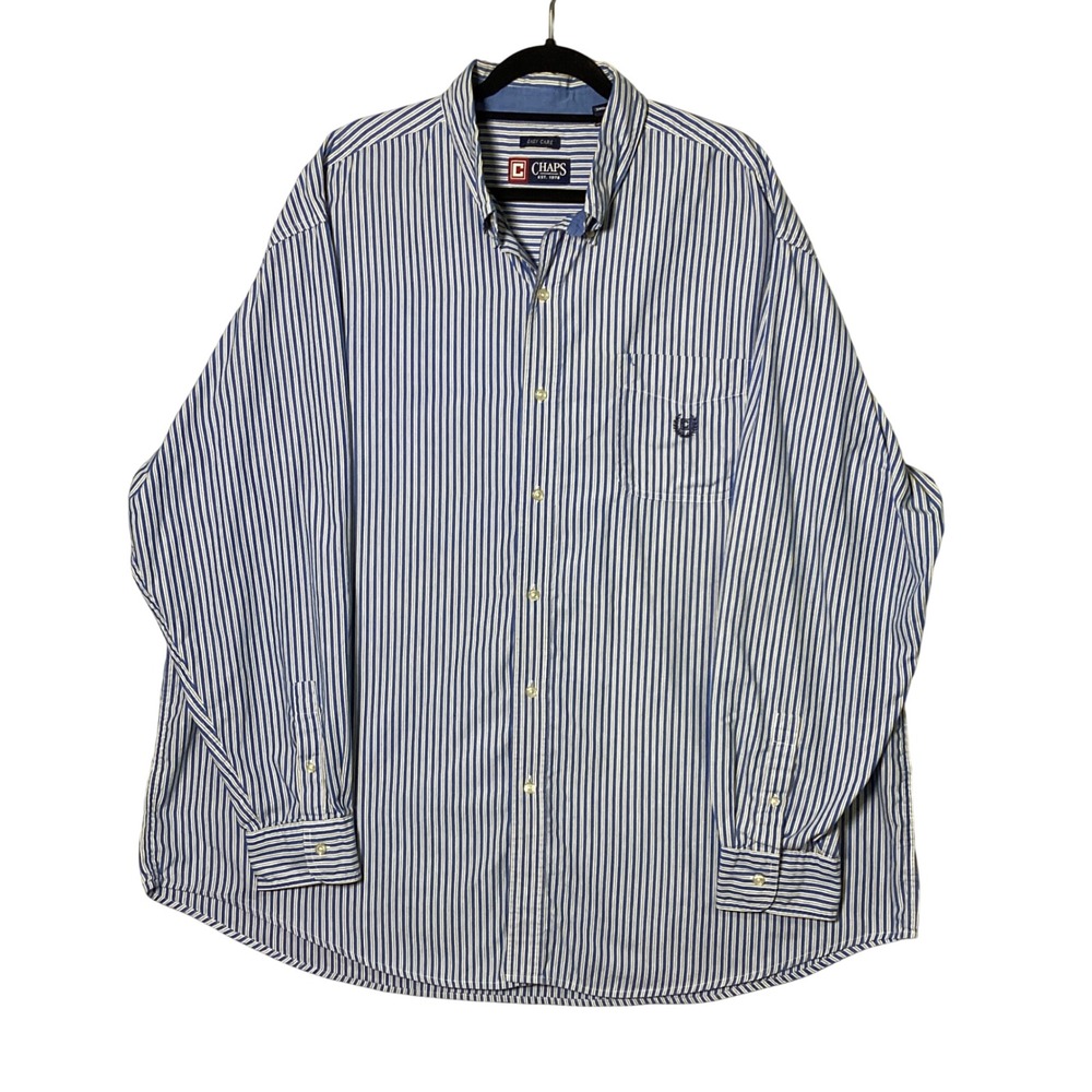 Chaps Striped Button Down Shirt Mens Size 3XB Blue White Easy Care Long Sleeve